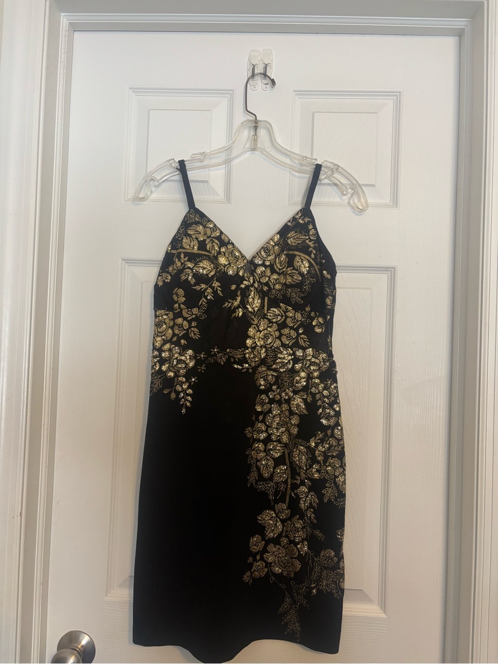 Black Slip Dress with Gold Floral Foil